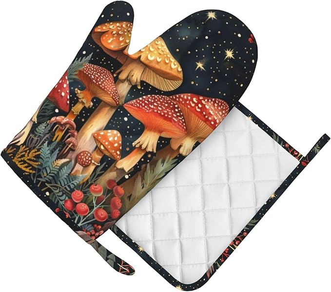 Oven Mitts and Pot Holders Mushroom Forest Vintage Silicone Kitchen Accessories Set of 2 Heat Resistant Long Gloves Potholder Non-Slip Grip for Chef Cooking Baking Grilling BBQ