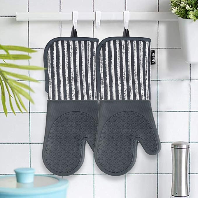 Alselo Silicone Oven Mitts Heat Resistant 932℉ with Waterproof & Non-Slip Kitchen Mittens, Set of 2 Extra Long Oven Gloves with Soft Cotton Terry Lining for Baking Cooking Barbecue