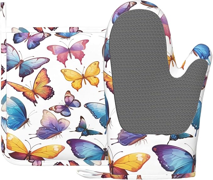 Colorful Butterflies Heat-Resistant Oven Mitts and Pot Holder Kitchen Non-Slip Silicone Cooking Microwave Gloves for Cooking Baking Grilling BBQ