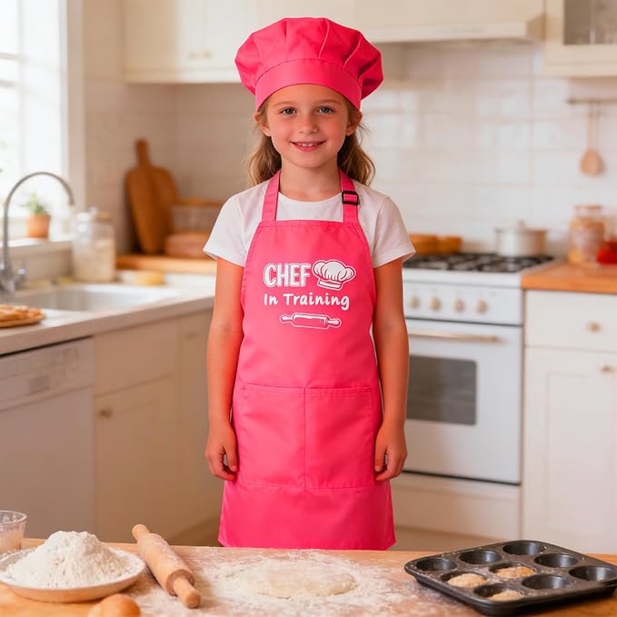 Kids Apron and Chef Hat Set Adjustable Child Aprons with 2 Large Pockets for Girls Boys Cooking Baking Painting Gift