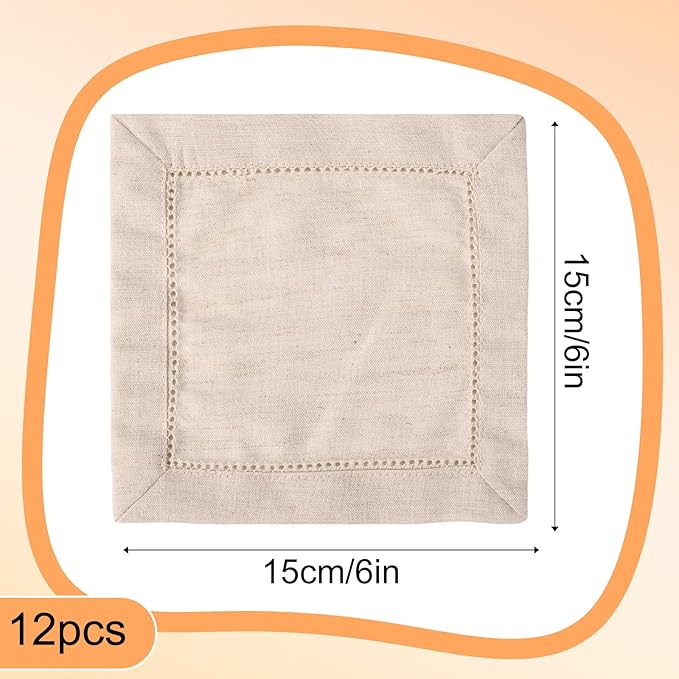 12pcs Linen Feel Cocktail Napkins, 6x6 Inch Reusable Cotton Cloth Serviettes Napkins Hemstitch Coaster Fabric for Wedding Birthday Baby Shower Party Home Table Bar Supplies (Natural)