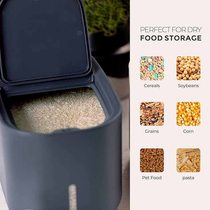 Zuutii Rice Storage Container,Food Container, Dry Food Storage, 7.2lbs Pet Food Dispenser, 11lbs Large Storage Bin with Lid,Silicone Ring & Moisture Proof, for Grain Cereal Soybean Corn, Dark Gray