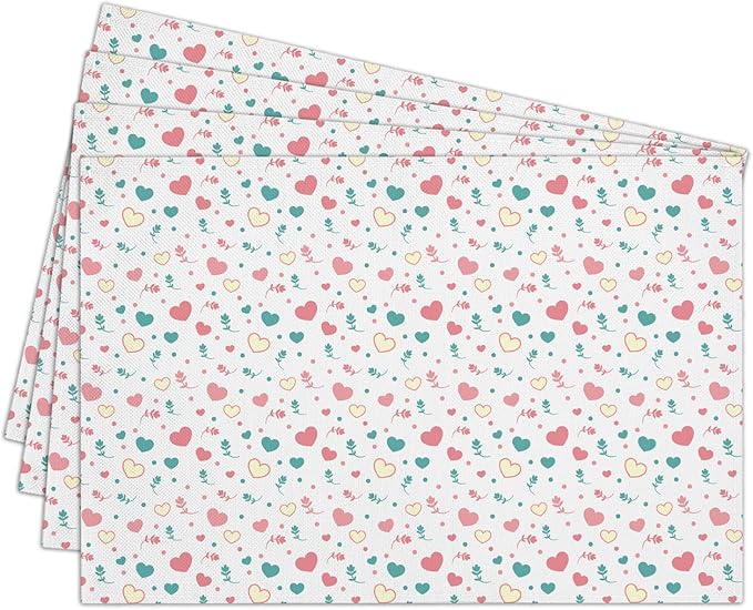 Cotton Linen Waterproof Placemats Set of 4, Pink Love Hearts Dining Mat Table Mats Decor Fabric for Kitchen Dinner Coffee Shop Table, Indoor/Outdoor Washable Wipeable Placemat -N032