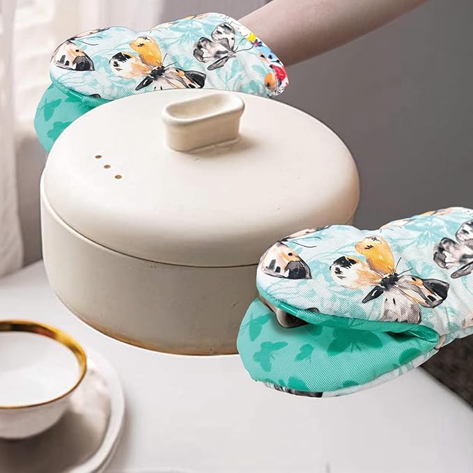 Alselo Mini Oven Mitts,2pk - Silicone Little Kitchen Gloves, Heat Resistant with Non-Slip Grip and Soft Quilted Cotton Lining for Safe Backing Cooking Barbecue (Turquoise, Butterfly)