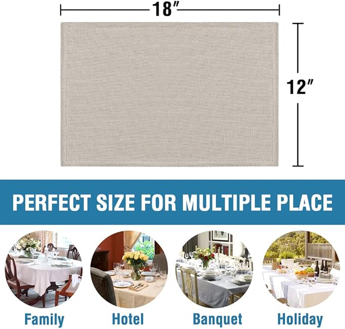 H.VERSAILTEX Linen Placemats Set of 8 Premium Solid Table Placemats for Dining Table Spill-Proof Waterproof Table Mats Heat-Resistant Kitchen Table Mats Washable, 12x18 inches, Taupe