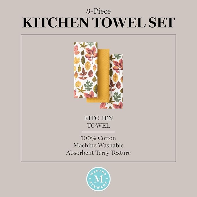 Martha Stewart Autumn Harvest Falling Leaves Kitchen Towel 3-Pack Set, 100% Cotton with Absorbent Terrycloth, Decorative Kitchen Towels, Tan/Red/Green, 16"x28"
