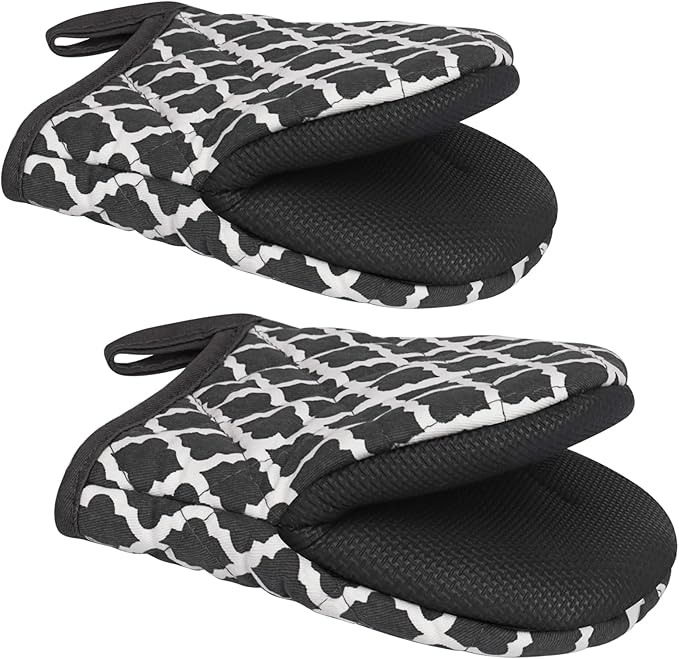 Short Oven Mitts, Heat Resistant 500°F, Silicone Grip Kitchen Gloves, Non-Slip for Baking, Grilling, BBQ, Machine Washable with Hanging Loop, 2-Pack Set, White Checkered Pattern