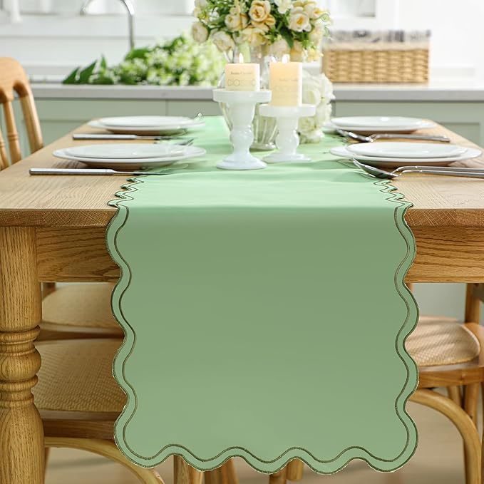 Scalloped Edge Table Runner 70 Inches Preppy Embroidery Edge Table Runner Cute Neutral Rustic Dining Decor for Kitchen(Moss Green,Sage Green)