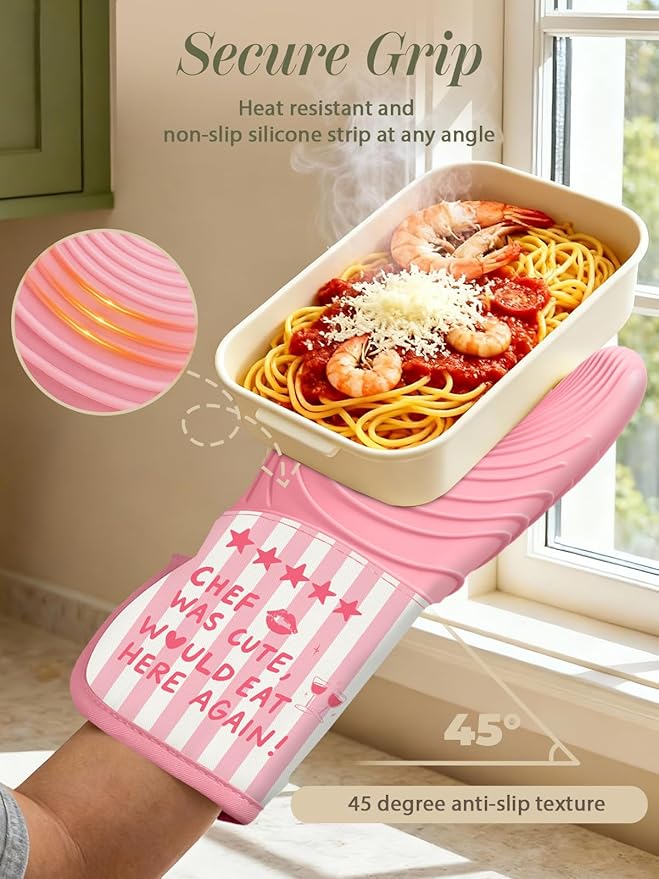 Slohif Long Silicone Oven Mitts Heat Resistant for Women - 2 Pcs Chef 100% Cotton Oven Gloves, Non-Slip and Waterproof Silicone Oven Mitts with Hanger for Baking and Cooking