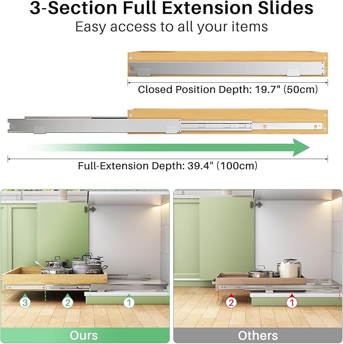 Pull Out Cabinet Organizer, Soft Close Wooden Slide Out Drawers for Pots and Pans, Full-extension Roll Out Shelves for Kitchen Cabinets, Pantry Organization, Bottom & Side Mount( 12"W X 21"D x 3.4''H)
