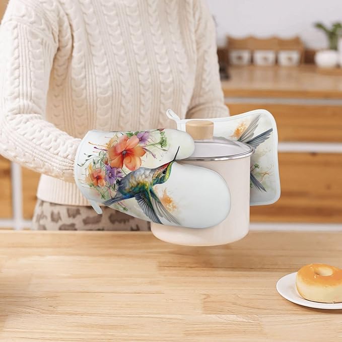 Oven Mitts and Pot Holders Watercolor Hummingbird Flower Silicone Kitchen Accessories Set of 2 Heat Resistant Long Gloves Potholder Non-Slip Grip for Chef Cooking,Baking,Grilling,BBQ