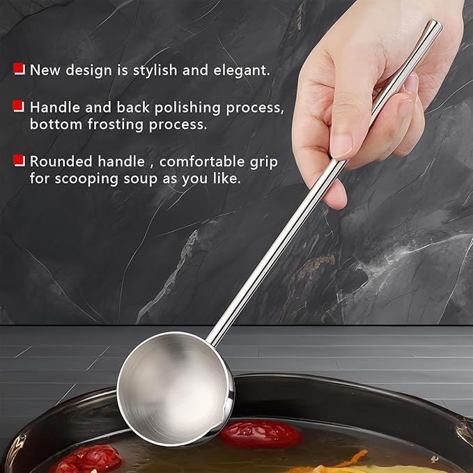 Small Soup Ladle SUS304 Stainless Steel Metal Deep Spoon With Pour Spout 2 oz Long Handle Gravy Ladles Heat-Resistant for Kitchen Cooking Serving Soups and Drizzle Sauces 2 Pack Set (10.5 inch)