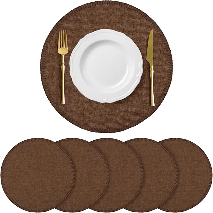 Round Placemats Set of 6, 15 Inch Linen Fabric Table Placemats, Heat Resistant, Wrinkle Free Washable Placemats Kitchen Place Mats Set of 6 for Dining Table Party Table (Coffee, 6)