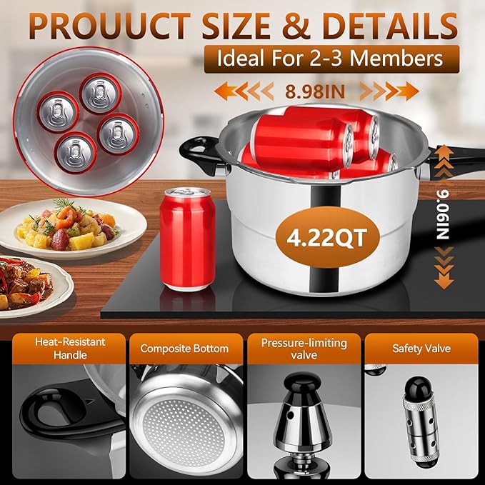 Small Aluminum Pressure Cooker 4.22Qt / 4L, Mini Compact Pressure Pot for 2-4 People, Heavy-Duty Even Heat, Quick Cooking for Home & Camping