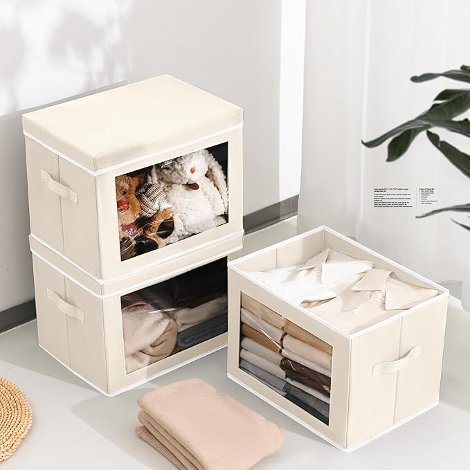 Homsorout Storage Bins with Lids, 3 Pack Large Storage Cubes with Window, Closet Bins with Lids & Handles, Fabric Box for Organizing Clothes, Towels, Books, Beige
