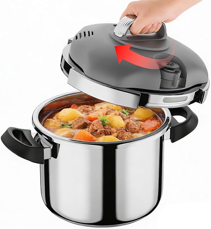 Pressure Cooker Stainless Steel,One-Hand Locking/Rotating Lock,Compatible with Gas & Induction, Fast Cooking for Large Meals,Dishwasher Safe,Olla de Presion (9 Quatrs)