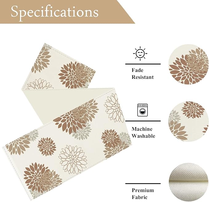 Coffee Brown Dahlia Table Runner Modern Elegant Flower Beige Table Runners Geometric Pompon Farmhouse Table Center Decor for Home Kitchen Dining Party Indoor Outdoor (13x48 Inch)