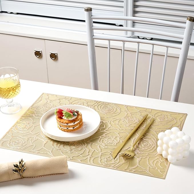 Gold Placemats Set of 6 Rectangle Pressed Vinyl Metallic Flower Place Mats Hollow-Out Rose Heat Resistant Waterproof Oil-Proof Table Mats Decorative for Kitchen Table Holiday Wedding Party Decor