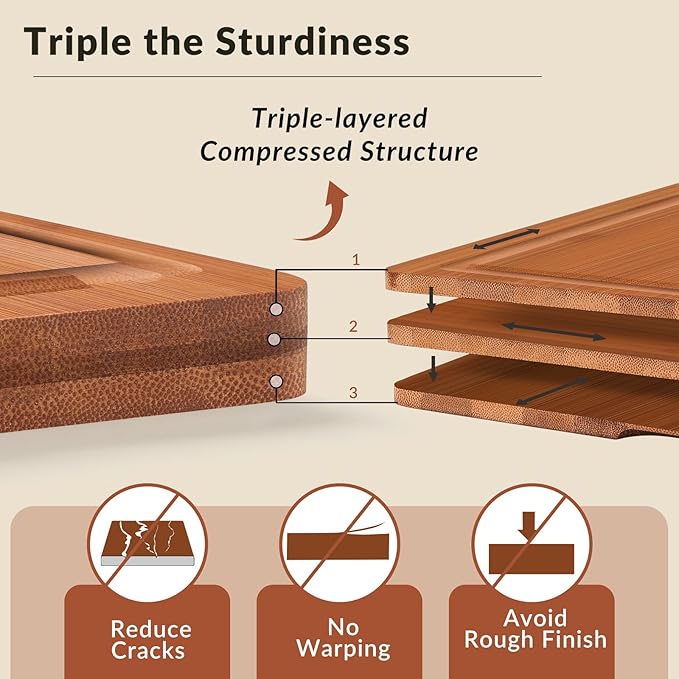 Bamboo Cutting Board Set of 3, Wood Cutting Boards for Kitchen with Juice Grooves, Durable Chopping Board for Meat, Vegetables & Meal Prep
