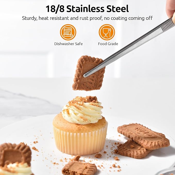 U-Taste 10" Kitchen Cooking Tweezer Set: 18/8 Stainless Steel Food-Grade Metal Food Tong, Seamless-Welding, Flexible and Non-Slip for Pasta Salad Meat Serving, Baking, Frying (Round & Pointed Tip)