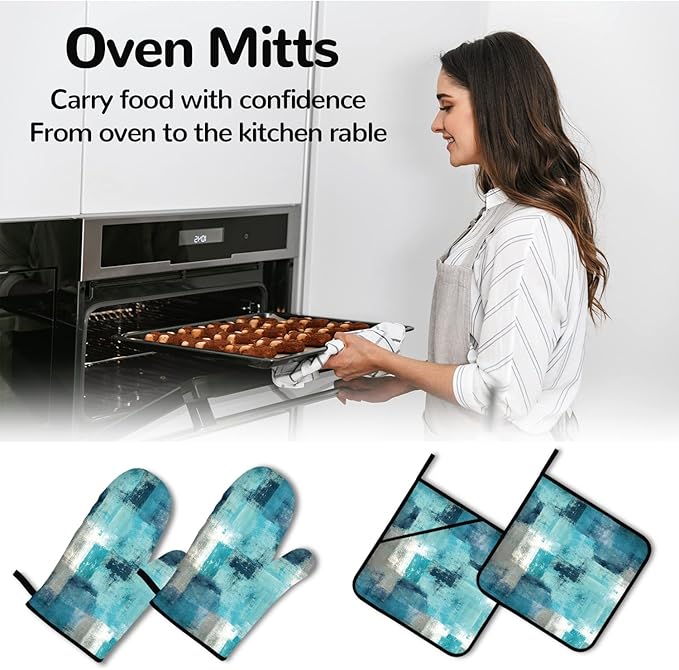 Turquoise Grey Oven Mitts and Pot Holders Sets of 4 Modern Teal Abstract Art Oven Gloves for Kitchen Baking Cooking Grilling (Turquoise)