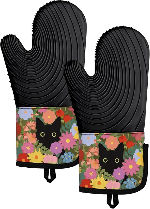 Slohif Long Silicone Oven Mitts Heat Resistant for Women - 2 Pcs Black Cat 100% Cotton Oven Gloves, Non-Slip and Waterproof Silicone Oven Mitts with Hanger for Baking and Cooking