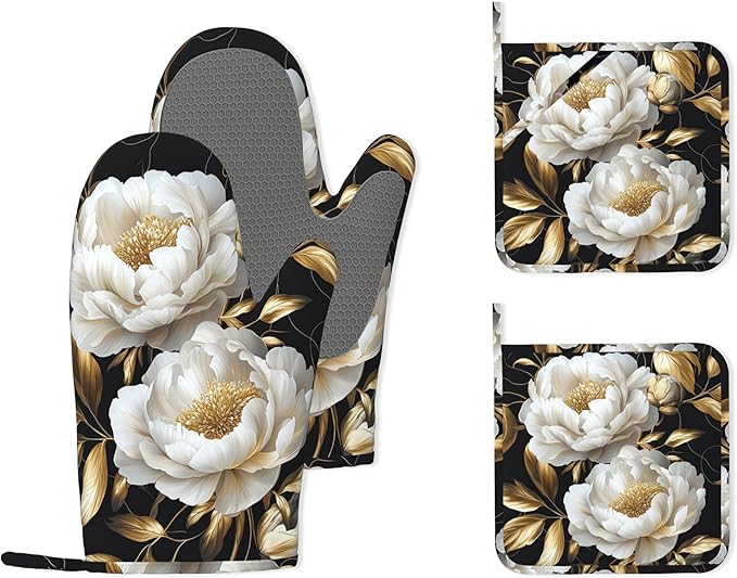 White Flowers Oven Mitts and Pot Holders (4PCS),Glitter Blooming Heat Resistant Non-Slip Silicone Kitchen Gloves for Cooking, Baking, BBQ Waterproof Kitchen Accessories