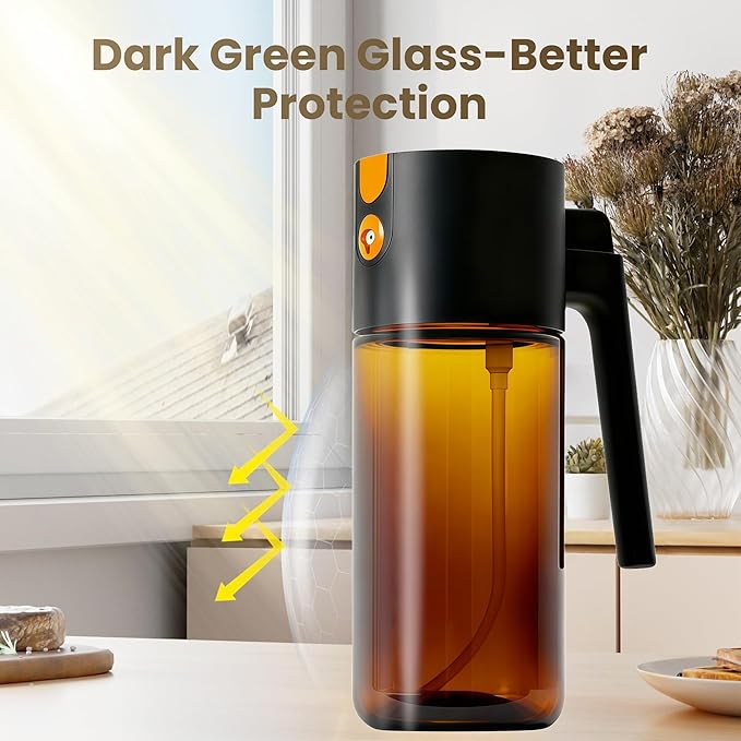 Olive Oil Spray Bottle Dispenser, 2-in-1 Glass Material Kitchen Cooking Oil Sprayer, 17 oz/500 ml Cooking Spray, Glass Spray Bottle with Tipper, Food Grade Spray for Kitchen, Salad, Frying, Barbecue