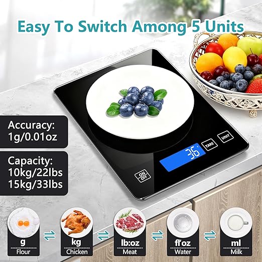Food Kitchen Scale, Digital Food Scale 33lb/15kg Digital Kitchen Scale Precisely Measures Grams and Ounces for Meal Prep Baking and Cooking, Rechargeable 304 Stainless Steel Kitchen Scale Black