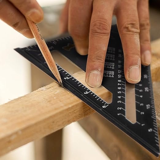 Beslands Carpenter Square 7 inch, Rafter Square Tool Metal Aluminum Alloy for Carpentry Layout Measuring Wood Square Triangle Right Angle 90 Degree Ruler Protractor Black Imperial, Framing Square