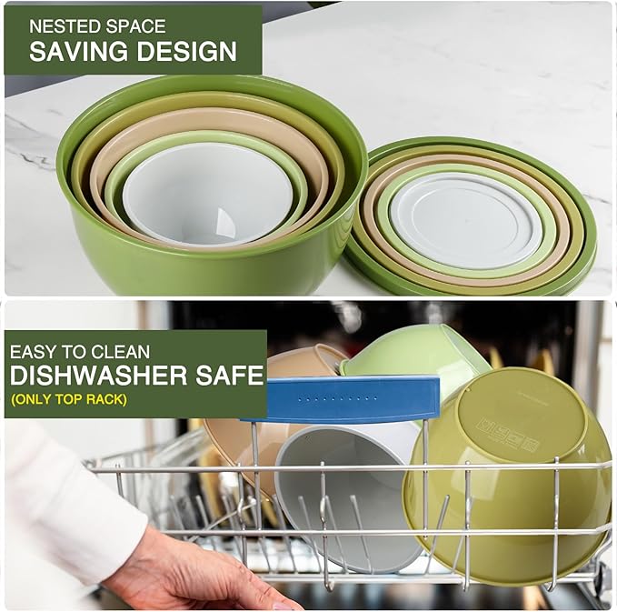 Greentainer Plastic Mixing Bowls with Lids Set for Kitchen, 5 Set Nesting Bowls for Mixing, Baking, Prepping, Cooking and Serving Food, Mixing Bowls Dishwasher, Microwave Safe