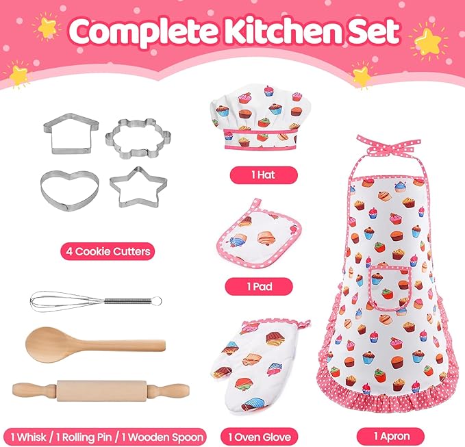 11 PCS Kids Baking Set for Girls, Chef Costume with Adjustable Apron & Hat, Pretend Play Kitchen Toys for Toddlers 3-8, Birthday Xmas Gifts for Little Chefs