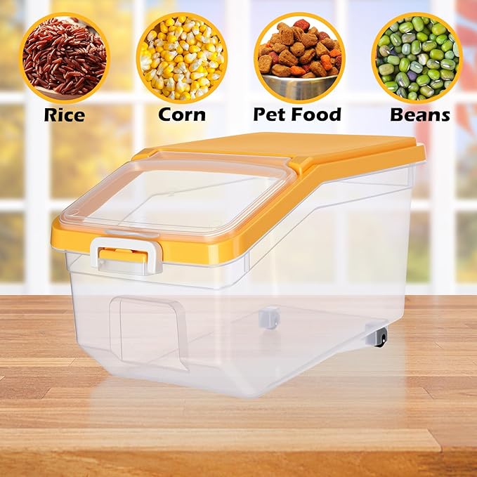 Sunnyray 4 Pcs Rice Storage Container 22 lb Airtight Flour Container with Wheels Measuring Cup Clear Pet Dog Cat Birds Food Bin Grain Cereal Organizer Box for Dry Baking Supplies(Yellow Lid)