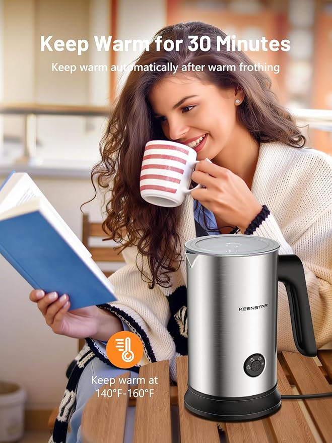 Keenstar Electric Milk Frother, Automatic Milk Steamer Warm or Cold Foam Maker for Latte, Cappuccino, Macchiato, Stainless Steel Milk Warmer with Temperature Controls