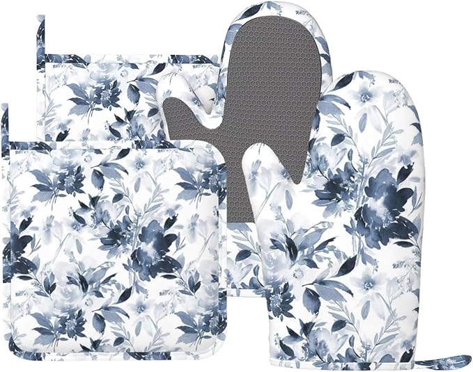Navy Blue Floral Oven Mitts and Pot Holders 4 pcs Set Silicone Dark Blue and White Flower Kitchen Oven Mitt Gloves Pot Holders Non-Slip Heat Resistant Cooking Mitts Set for Kitchen Baking
