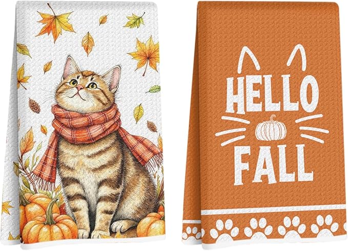 2 Pcs Fall Kitchen Towels, Pumpkin Soft Absorbent Tea Hand Towel, Microfiber Dish Cloths for Drying Dishes, Waffle Dish Towels for Kitchen Bathroom Home Decor, Cat Lover Gifts for Women Mom