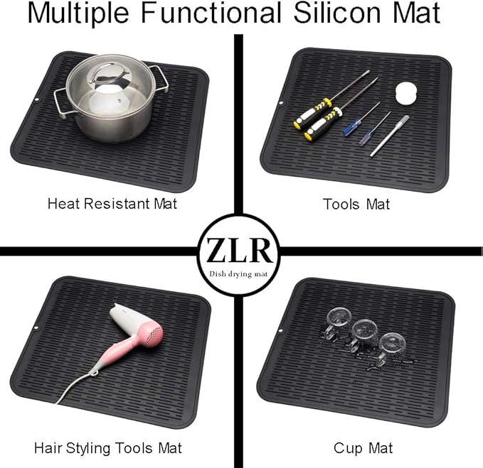 ZLR 2 Pcs Large Silicone Dish Drying Mat (16" x 18") - XL Heavy Duty Drainboard Mat for Pots, Pans & Family Loads - Heat Resistant Trivet & Counter Protector, Easy Clean (Black)