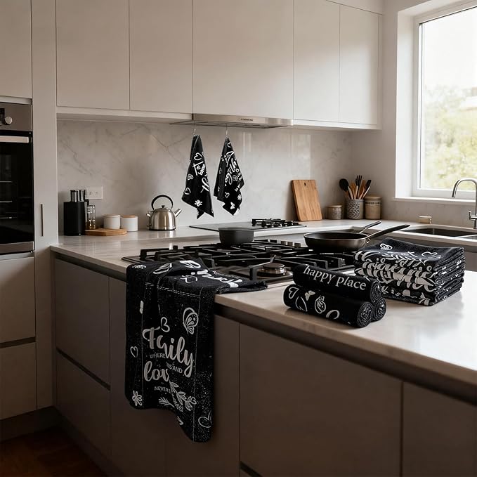 Breling Set of 6 Kitchen Towels Modern Minimalist Dish Towel Black Bathroom Decorative Farmhouse Cloths for Kitchen Bathroom Home Cooking Housewarming Gifts, 14 x 21 Inch