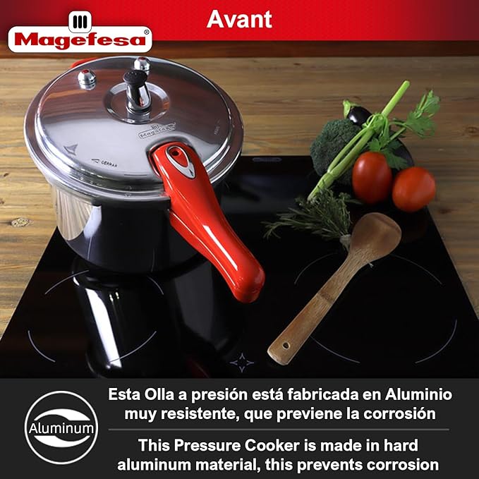 MAGEFESA Avant 6.2-Quart Aluminum Pressure Cooker, Compatible with Gas, Electric & Ceramic Stoves, Stovetop Pressure Canner with Trivet, Red Handle