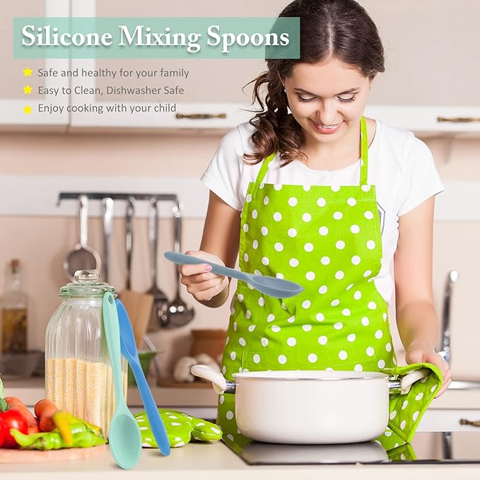 Shappy 4 Pieces Silicone Cooking Spoons 10.6 Inch Heat Resistant Kitchen Spoons for Mixing, Serving and Stirring Upgrade Large Non Stick Basting Utensils, Dishwasher Safe(Spoon,Fresh Color)