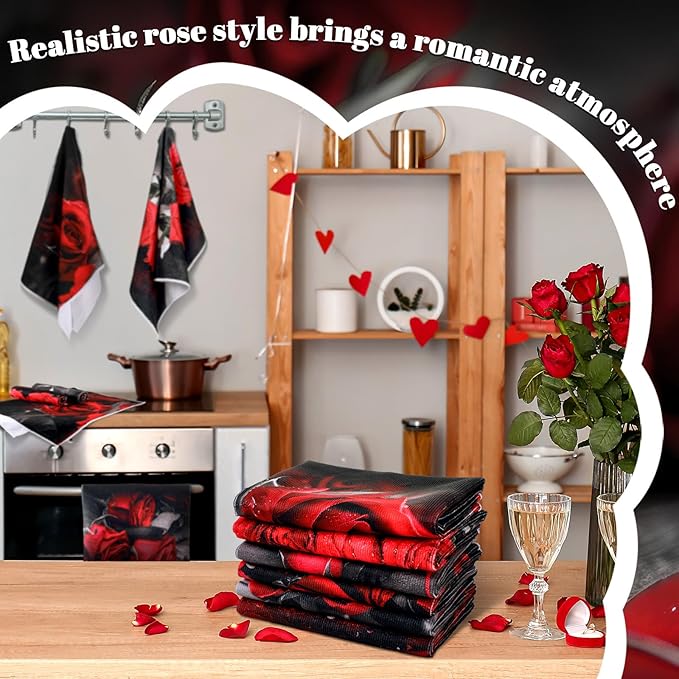 Breling Set of 6 Red Rose Kitchen Towels Vintage Themed Dish Towel Bathroom Decorative Rustic Cloths Tea Towels for Kitchen Bathroom Home Cooking Housewarming Gifts, 14 x 21 Inch