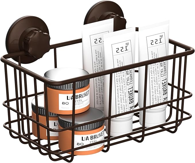 SANNO Powerfu Suction Cup Shower Caddy Basket for Shampoo Combo Organizer Basket Stainless Steel Holder for Bathroom Storage,Bronze