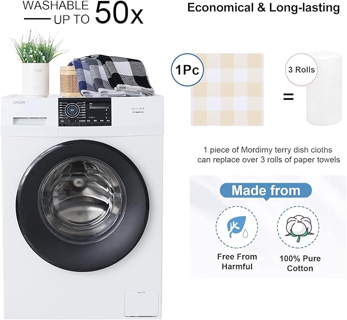 Mordimy 100% Cotton Waffle Weave Plaid Dish Cloths, 12 x 12 Inches, Super Soft and Absorbent Quick Drying Buffalo Check Dish Rags for Kitchen, 6-Pack, Beige & White