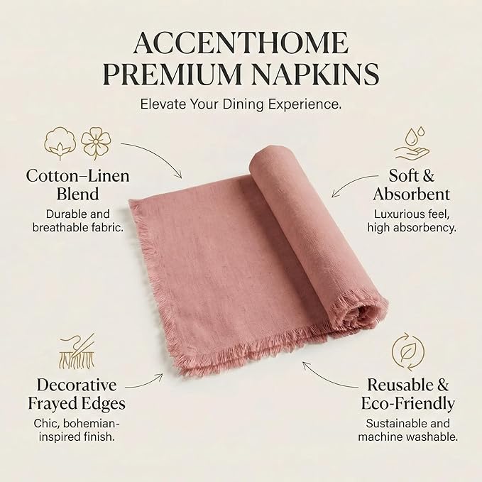 ACCENTHOME Blush Cotton Linen Napkin Set of 6 18x18 inch Dinner Napkins - Washable Soft Premium Hotel Quality Reusable Napkins Perfect Table Napkins for Family Dinners, Weddings & Everyday Use