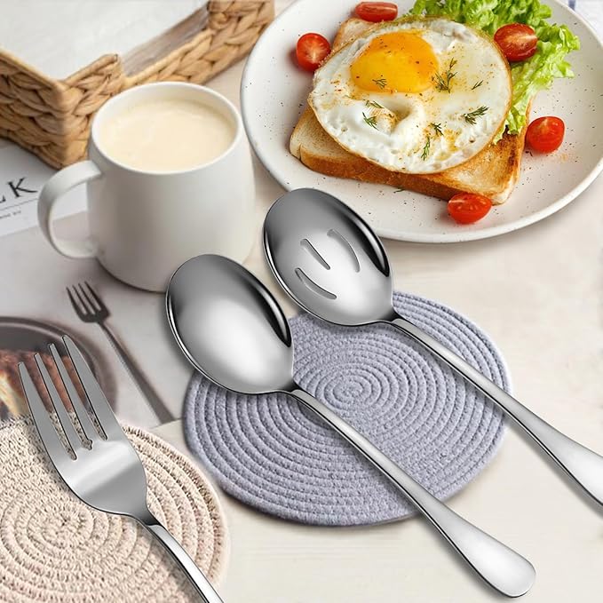 6 Piece Stainless Steel Serving Spoons Set, 10-Inch, Includes 2 Spoon/Slotted/Forks for Parties/Kitchen/Buffet/Catering, Dishwasher Safe