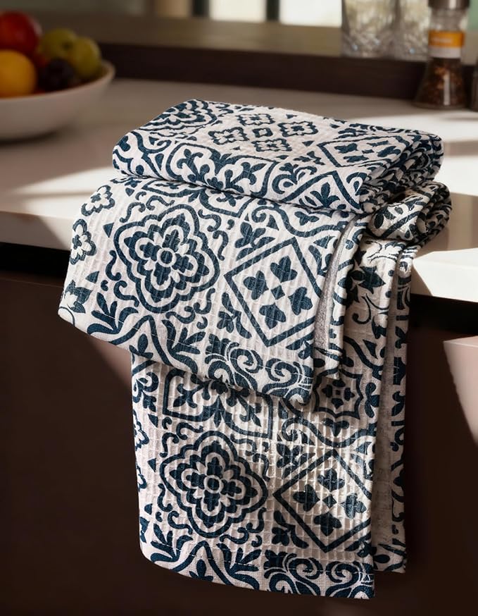 Miss Adola Cotton Waffle Kitchen Towels – Cute 370 GSM 16x25 Inch Terry Cloth Waffle Decorative Dishcloth for Kitchen Set of 2 with Hanging Loop Absorbent Hand Tea Towel for Home Design, Block Print