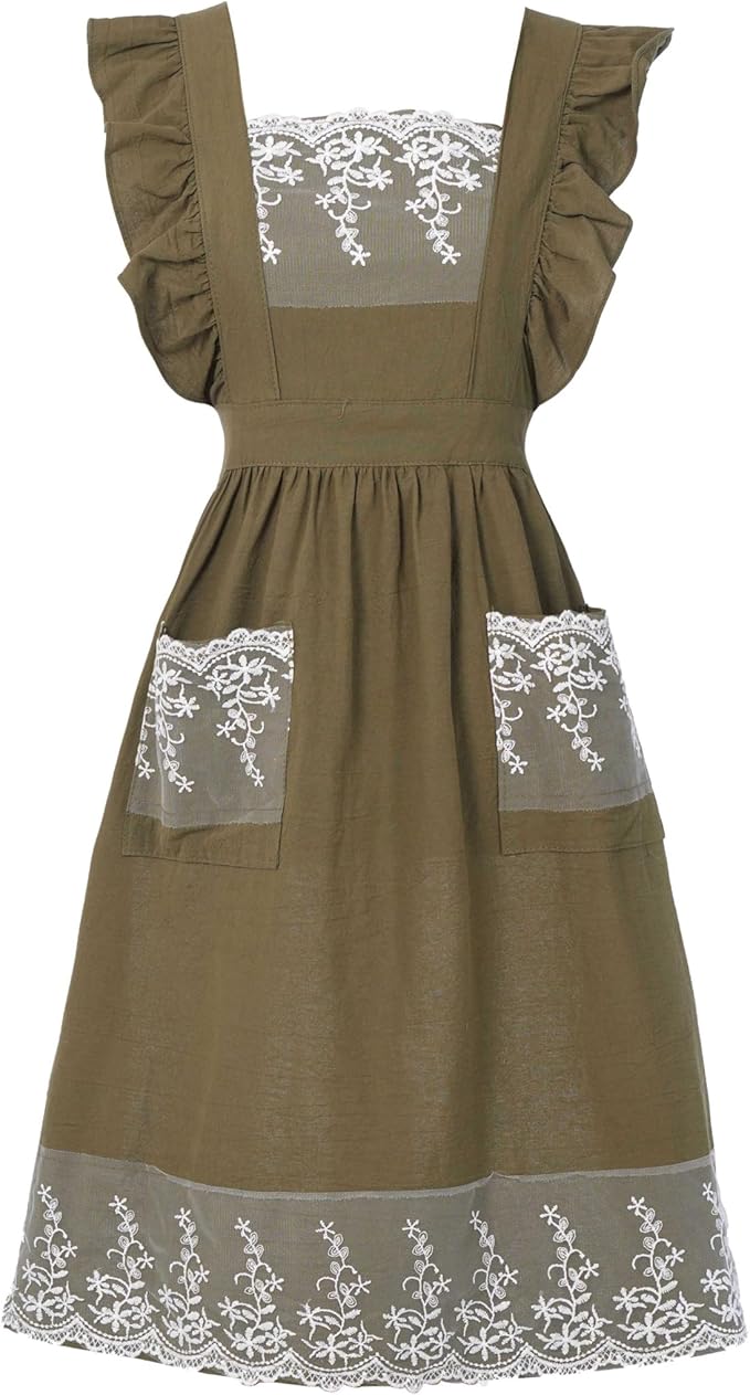 Aoomzoon Vintage Aprons for Women with Pockets Cute Lace Ruffle Adjustable Apron for Cooking Kitchen Baking Gardening