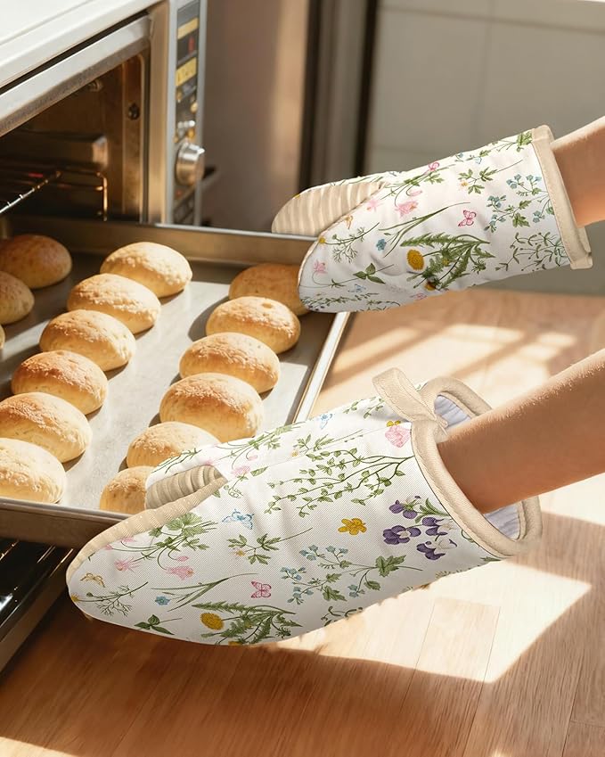 Slohif Mini Oven Mitts Set – Extended Short Heat Resistant Kitchen Gloves for Women, 100% Cotton Oven Mitts with Silicone Grips, Non-Slip and Thick Durable for Cooking & Baking，White