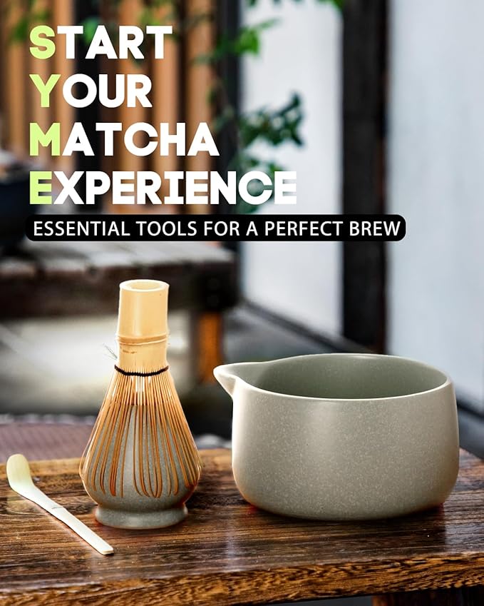20OZ Matcha Whisk Set - 5PCS Chasen Set Includes Matcha Bowl with Spout, Bamboo Whisk with Ceramic Holder, Macha Scoop and Sifter, Matcha Kit for Ceremony, Gift for Matcha Lovers (Pale Gray-Green)