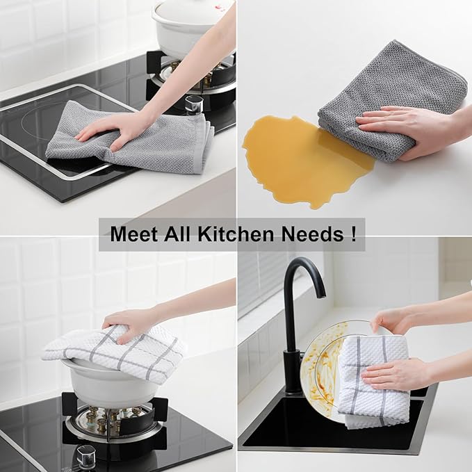 12 Pack Kitchen Towels and Dishcloths Set, 100% Cotton Soft and Absorbent Kitchen Towels 16 x 25 inche & 13 x 13inche Dishcloths